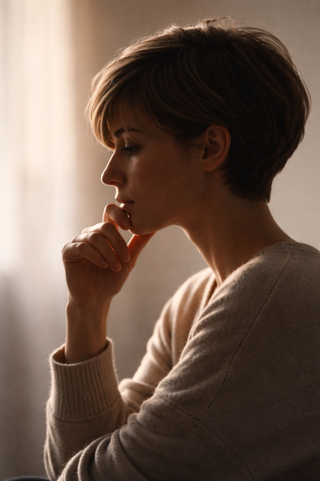 15 Short Haircuts That Balance Out A Longer Face 16 Silhouette of a person in a thoughtful pose against a neutral gradient backdrop