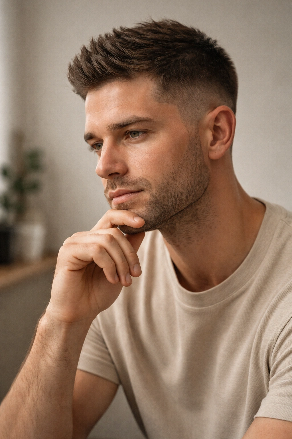 Thoughtful man in a calm studio reflecting on haircut choices.