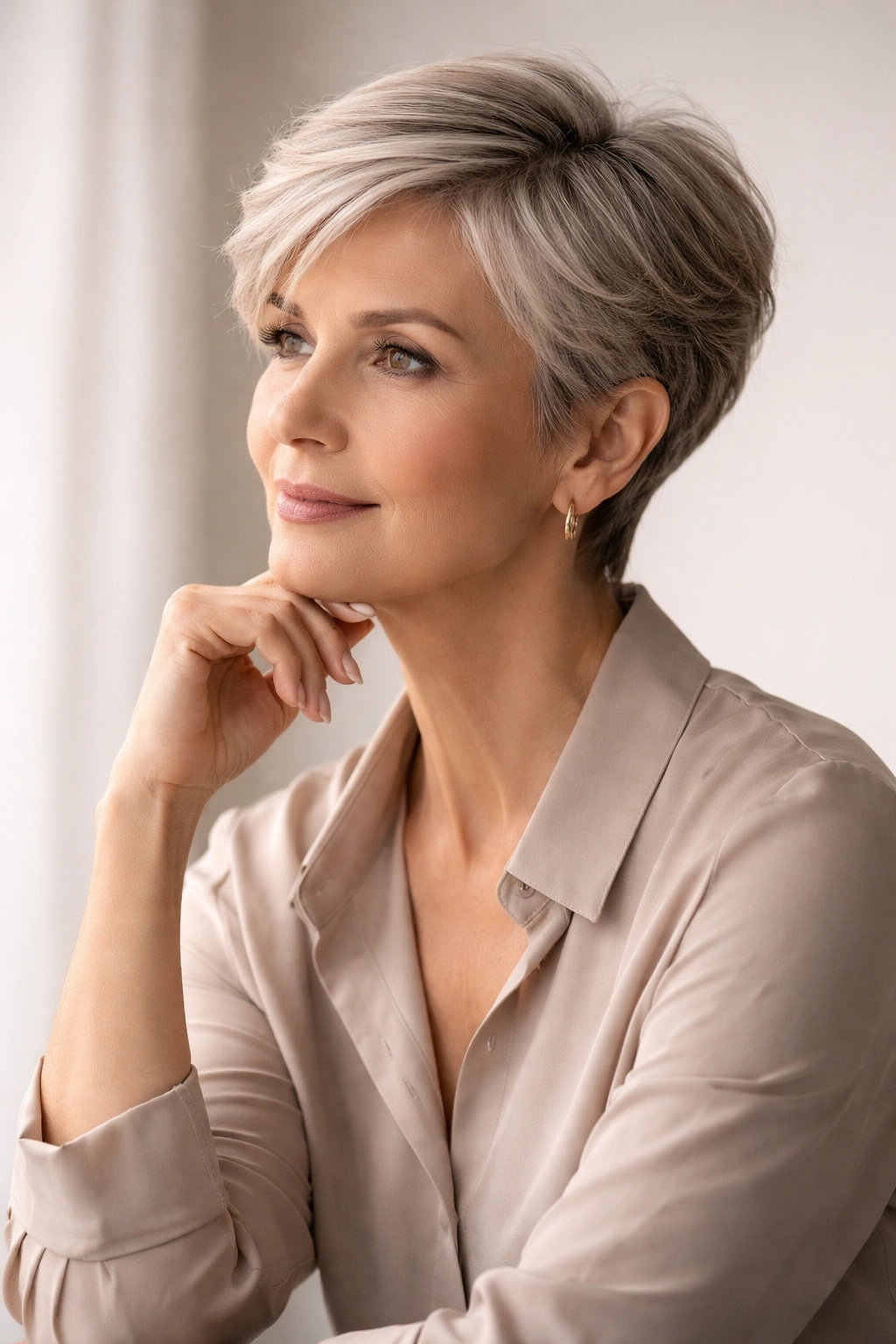 Thoughtful woman with short hairstyle in plain studio backdrop