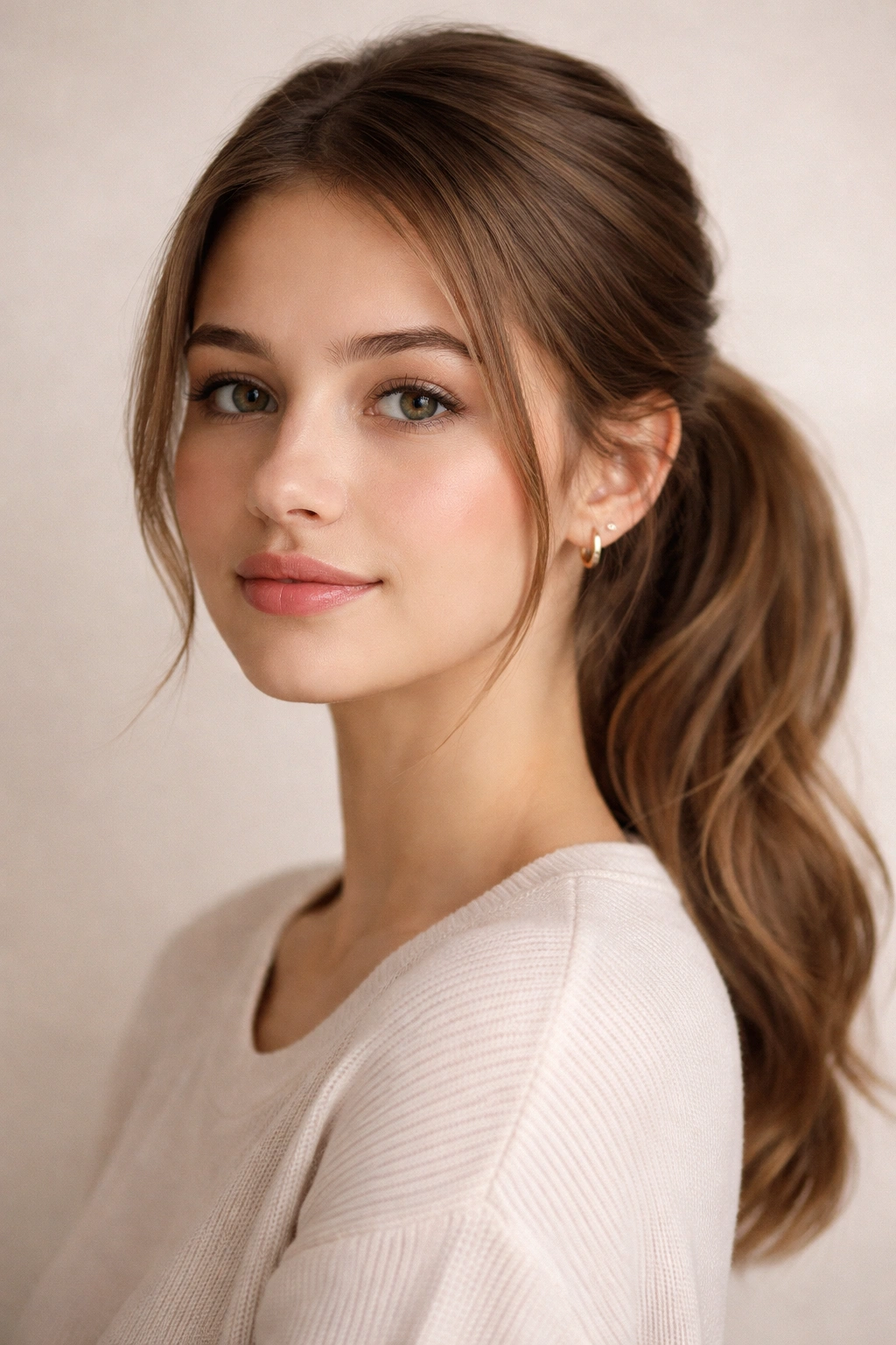 Front-facing portrait with simple everyday ponytail hairstyle