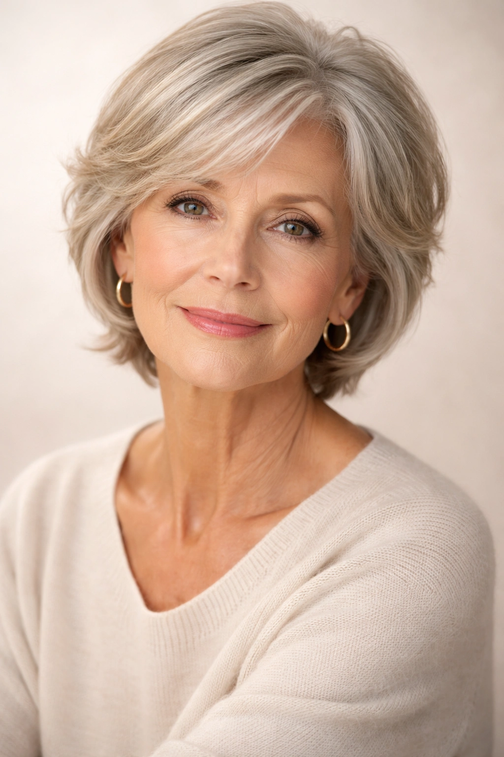 Confident mature woman with finished hairstyle in a studio