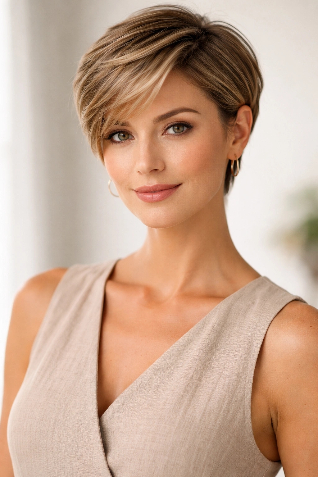 Confident person with a polished short hairstyle in a neutral setting