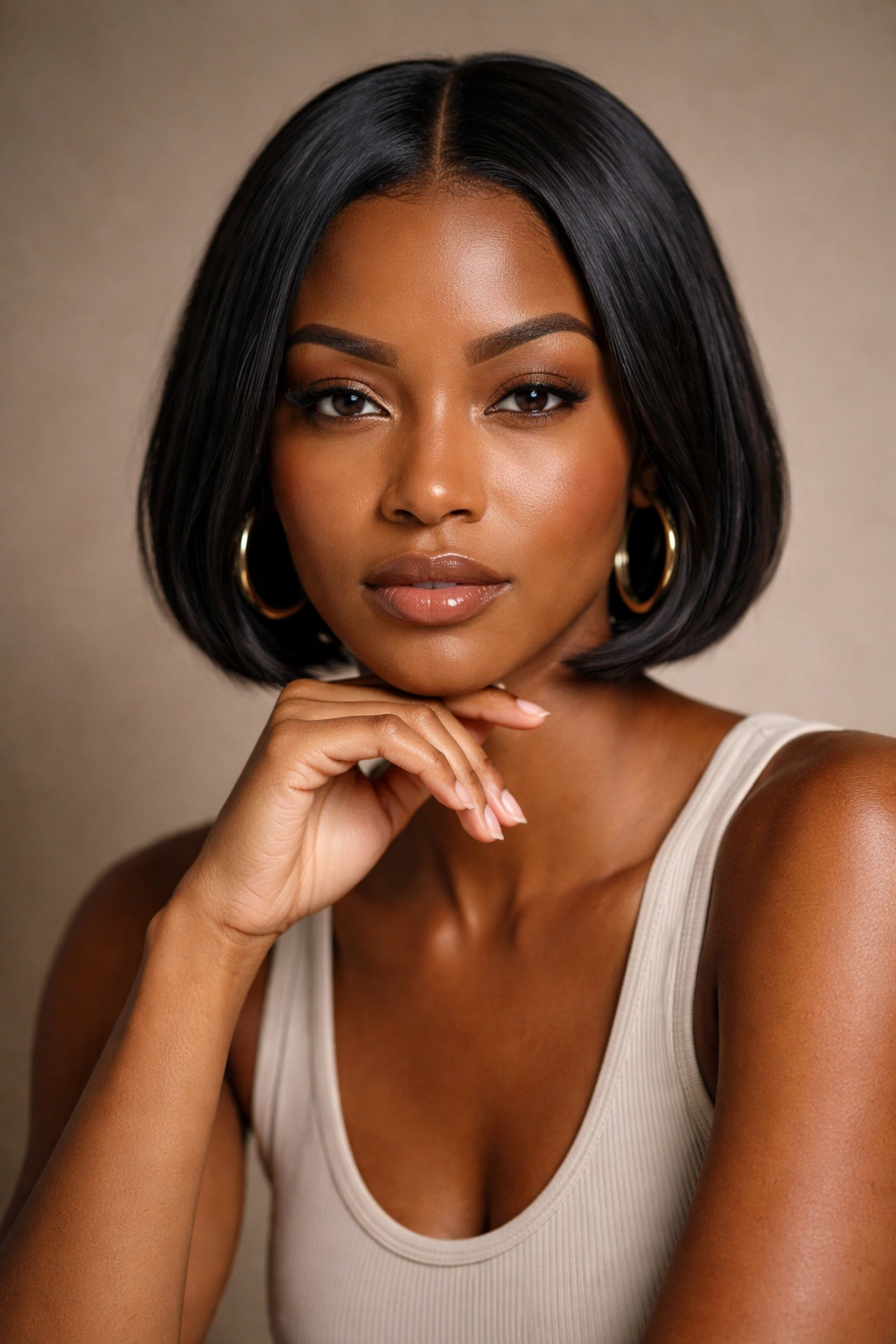 Contemplative portrait of a person with a short hairstyle and centered part