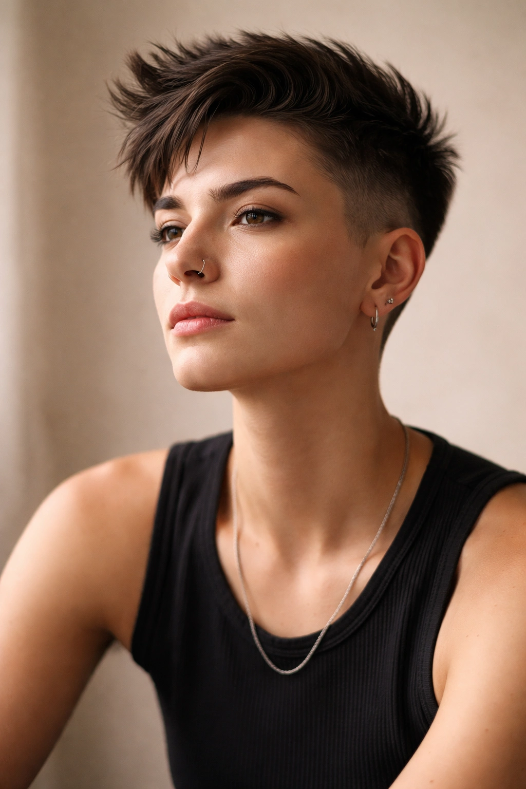 Contemplative portrait of a person with short hair in a studio