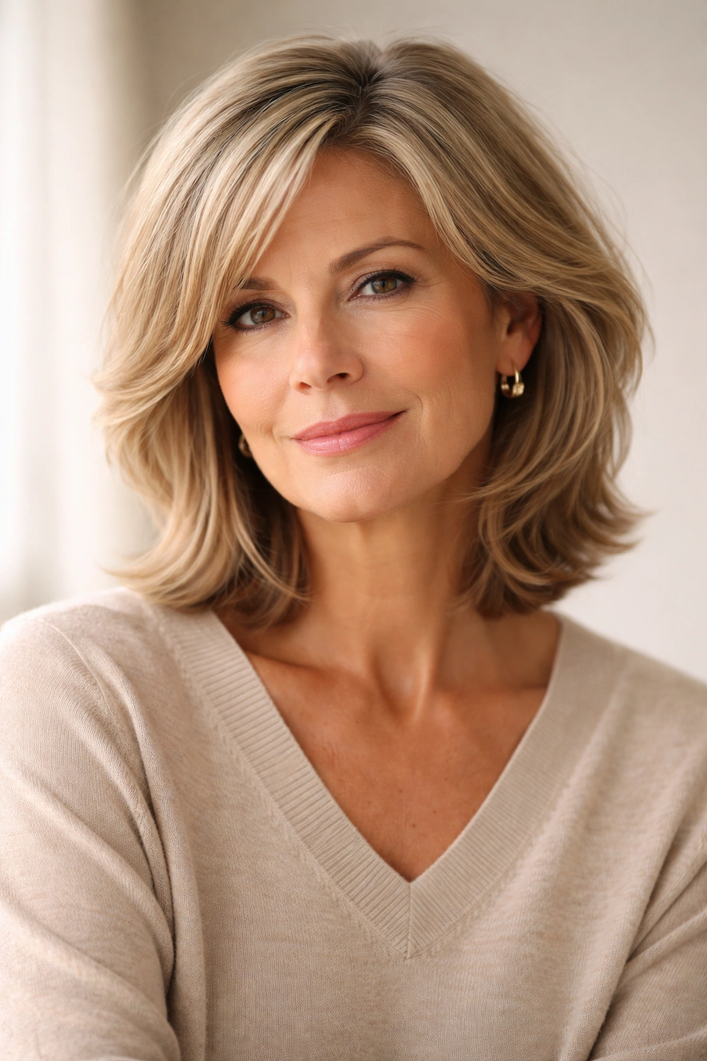 Contemplative mature woman with a simple, elegant hairstyle