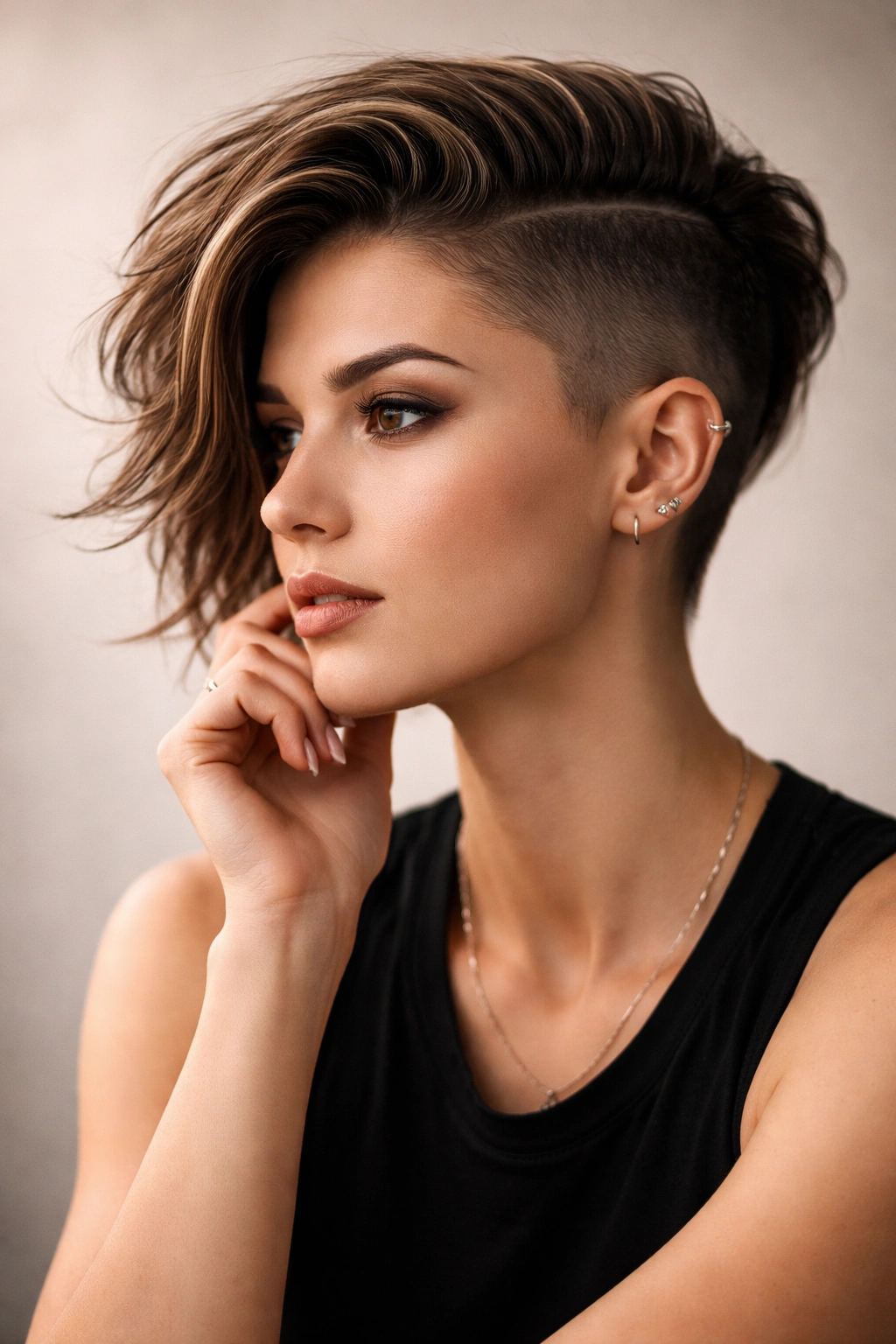 Contemplative portrait highlighting shaved-side hairstyle