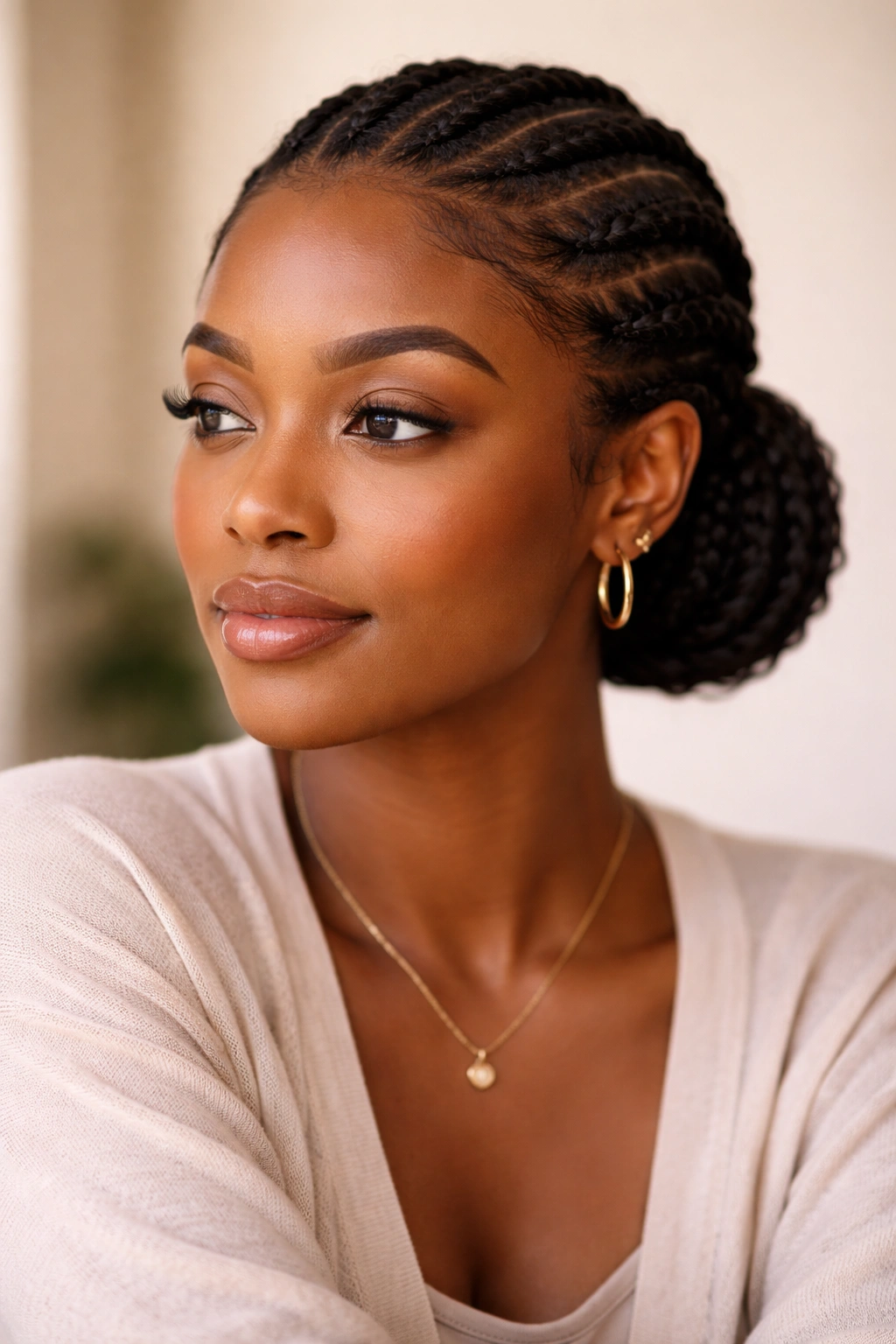 Contemplative portrait highlighting calm expression and protective hairstyle