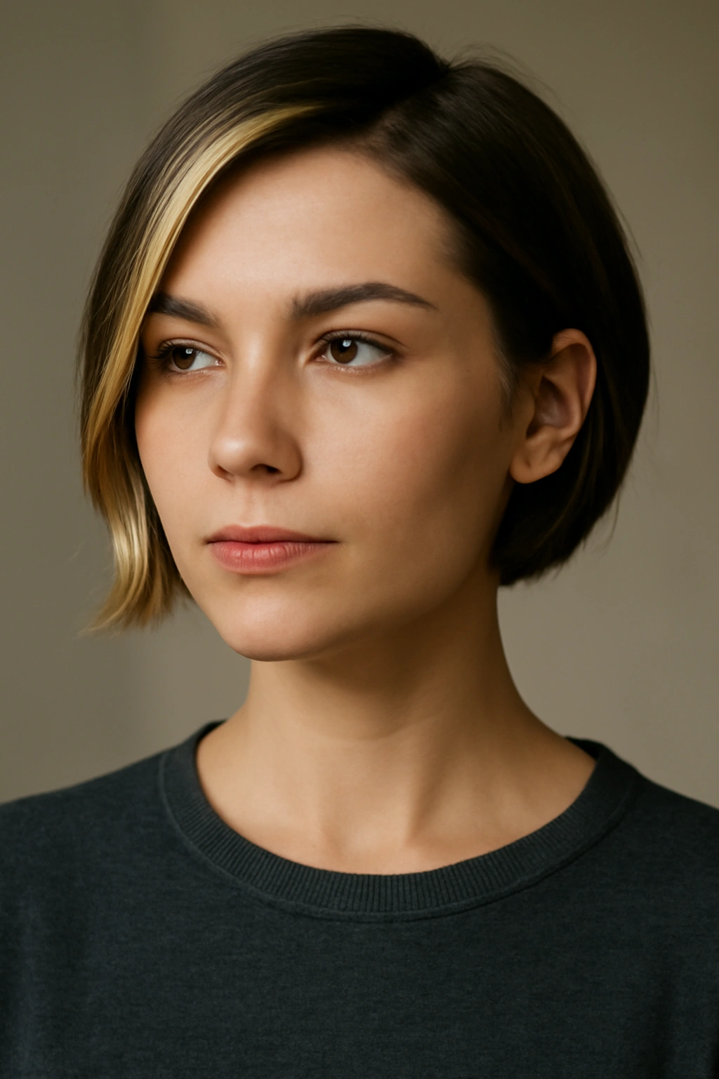 10 Short Haircuts With a Money Piece That Pop 11 Portrait-style haircut with money pieces in a calm studio setting