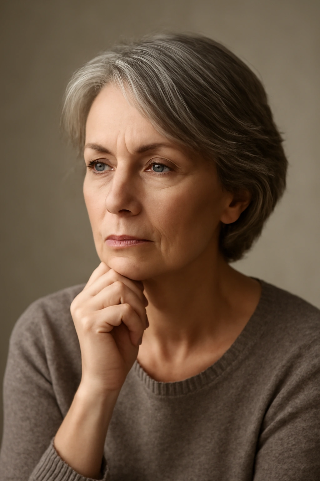15 Modern Hairstyles for Older Women With Great Style 16 Mature woman in thoughtful pose reflecting on hairstyle choices