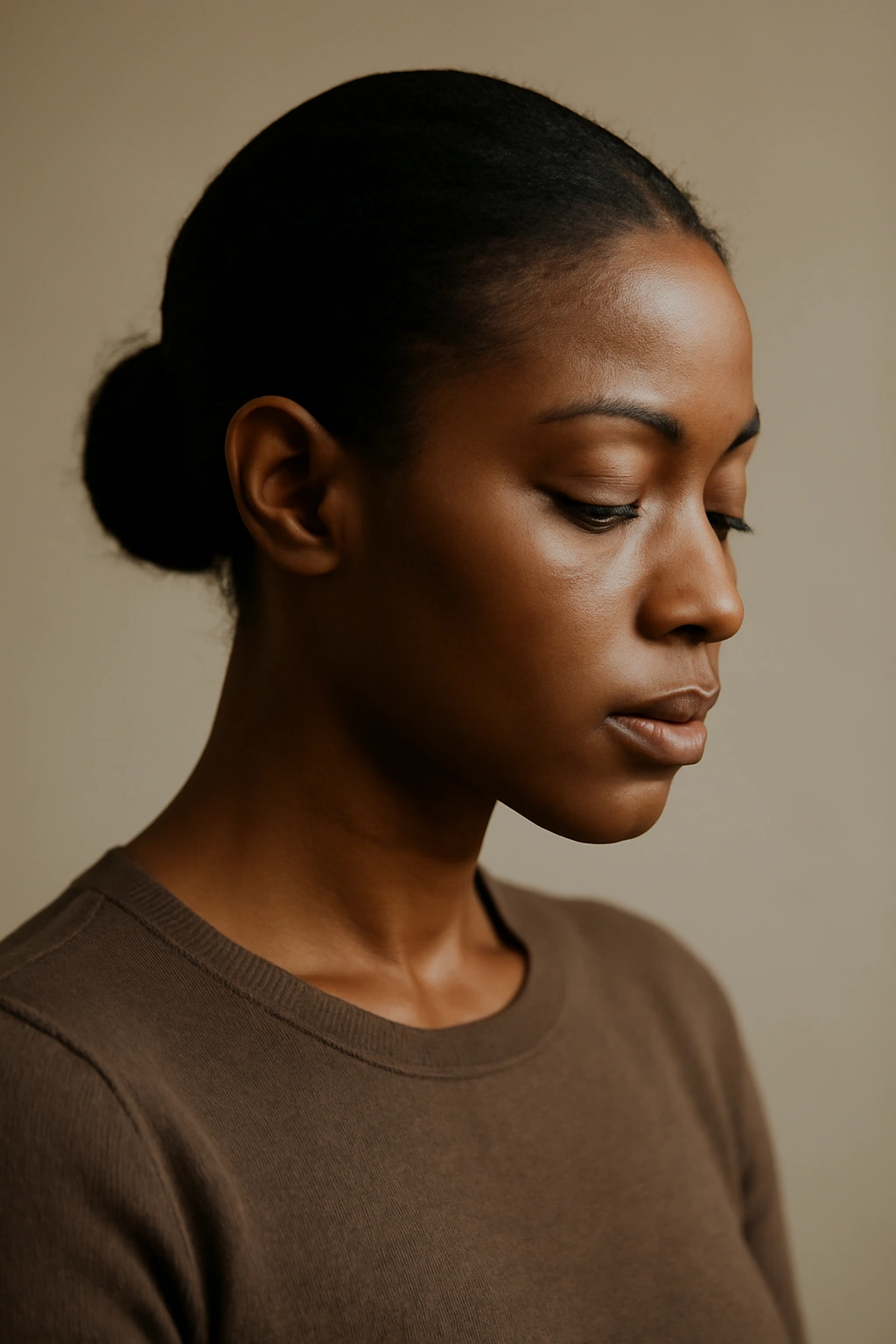 10 Pushback Hairstyles Black Women Can't Stop Wearing 11 Contemplative portrait of a woman with subtle pushback hairstyle