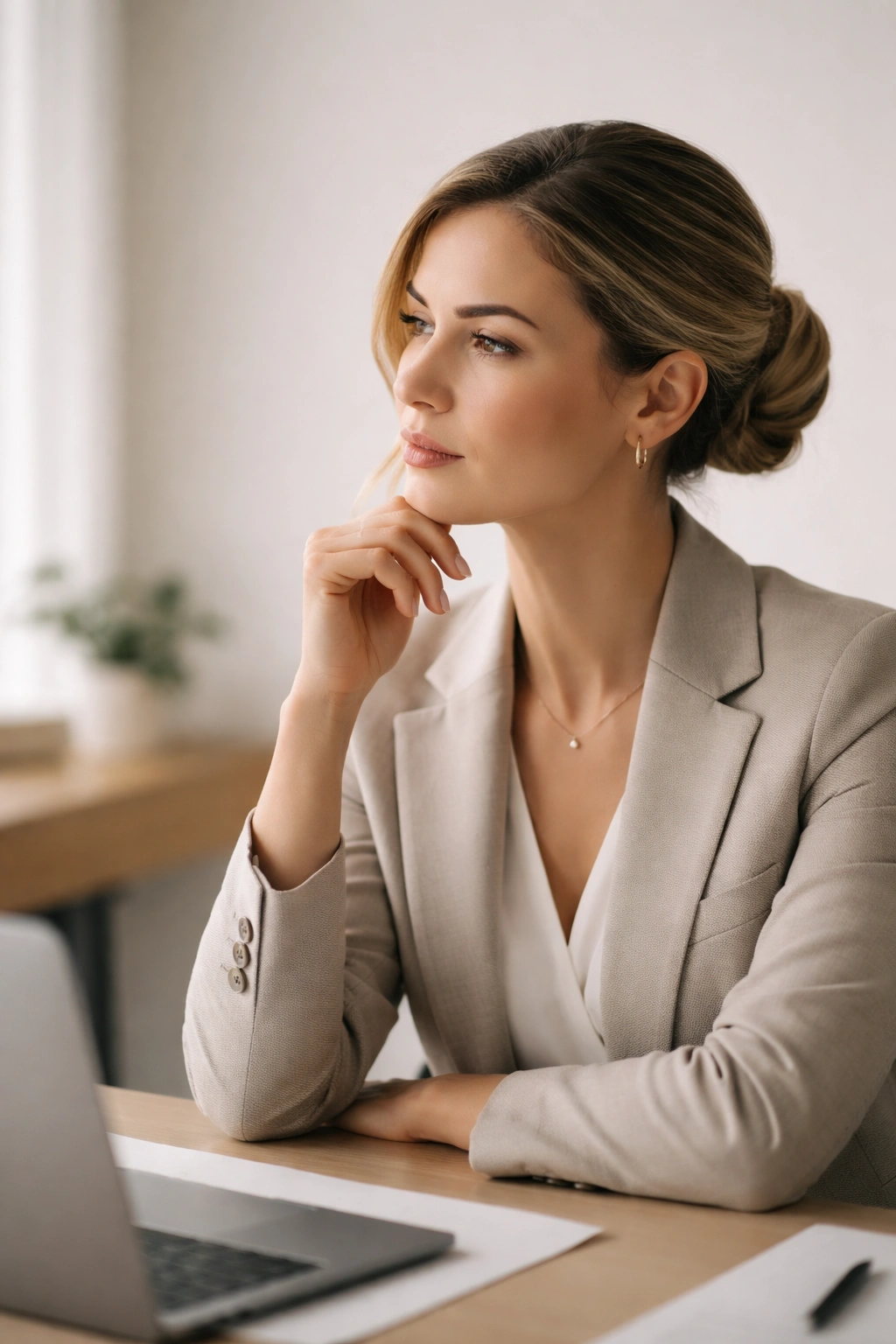 10 Hairstyles For Women In Professional Attire 11 Portrait of a professional woman with polished hairstyle in a minimalist setting