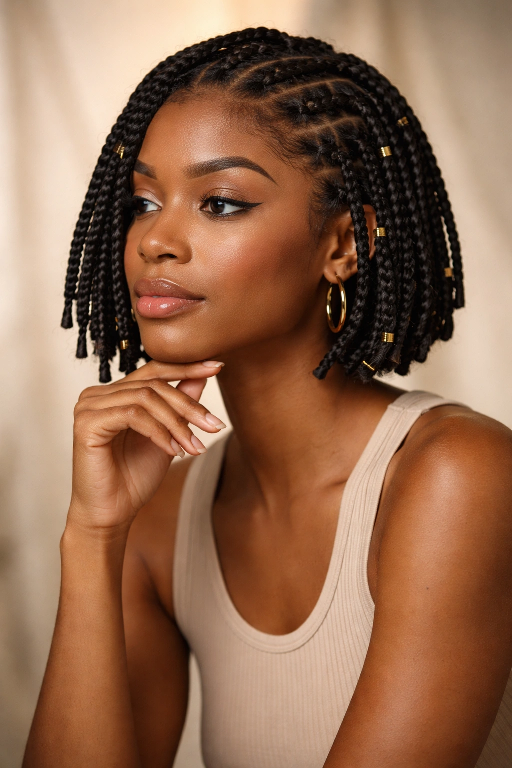 15 Box Braid Styles That Look Great On Short Hair 16 Portrait of a person with short box braids in a contemplative pose