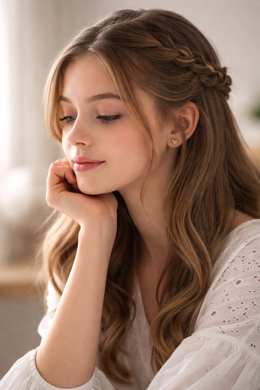 Soft-lit portrait of a person with a simple, elegant hairstyle