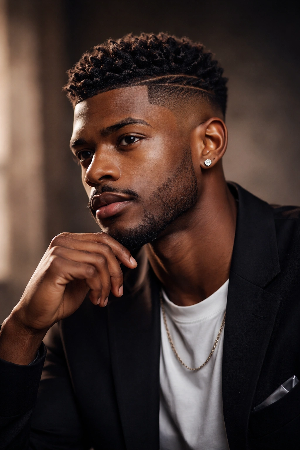Contemplative portrait of a man with a sharp haircut expressing confidence