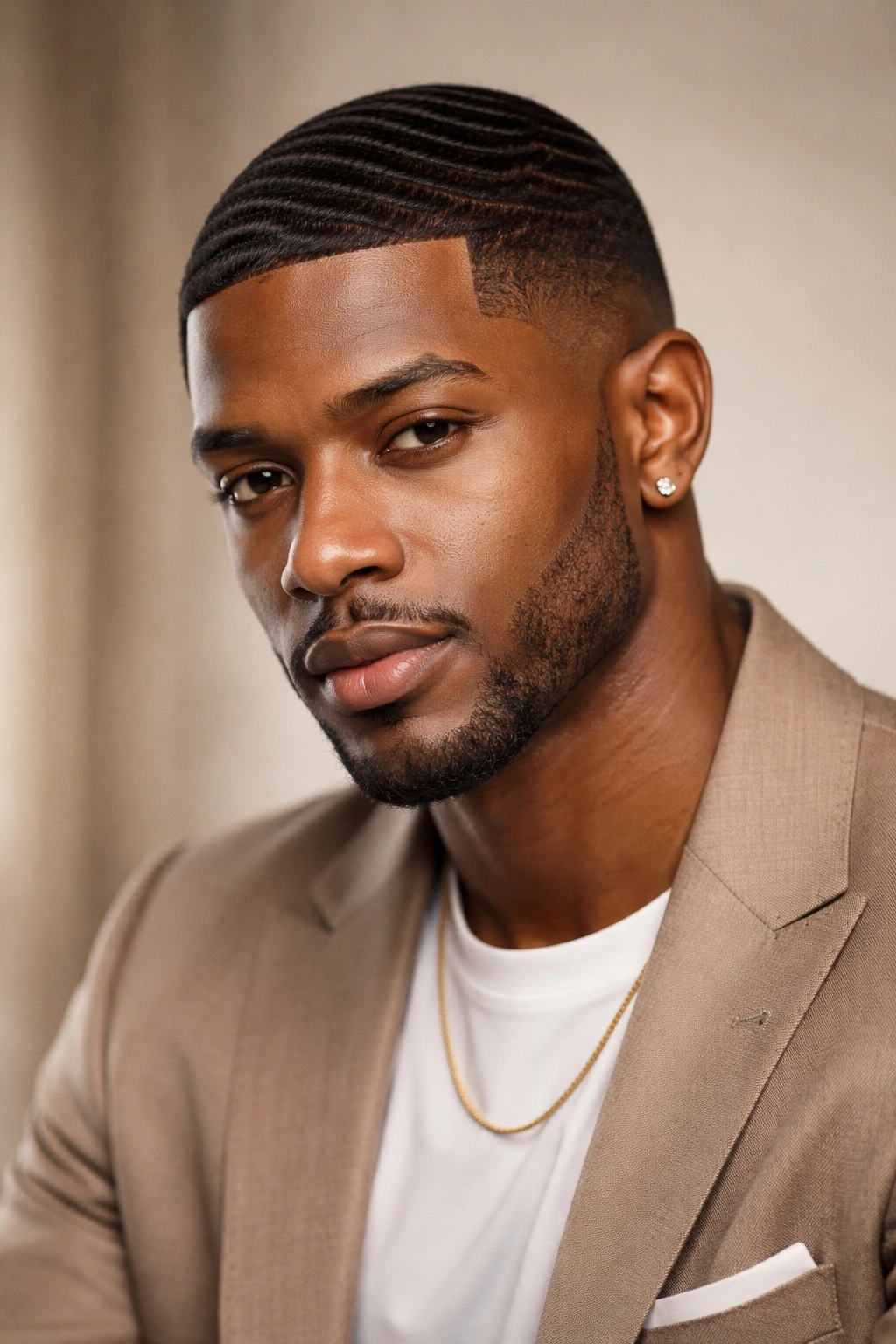 Portrait of a confident Black man with a low fade and waves