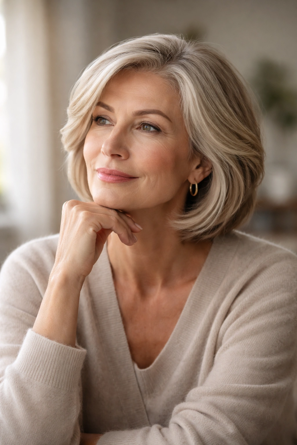 Contemplative portrait of a mature woman in a calm studio setting