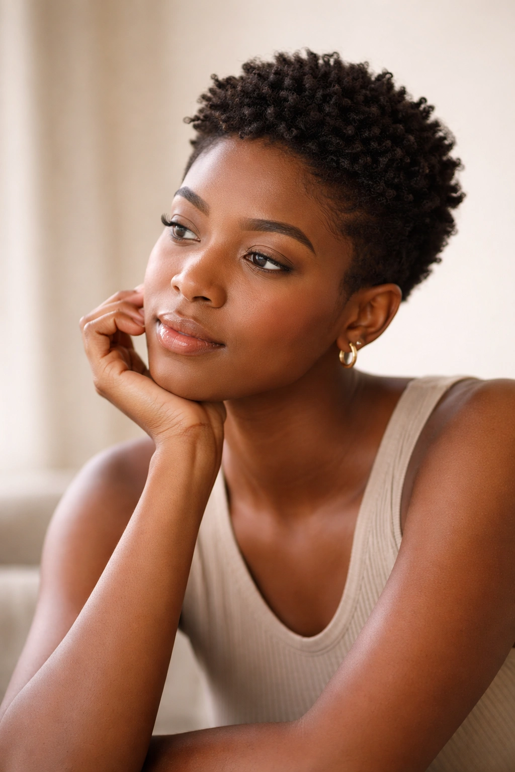 Contemplative portrait of a person with short natural hair