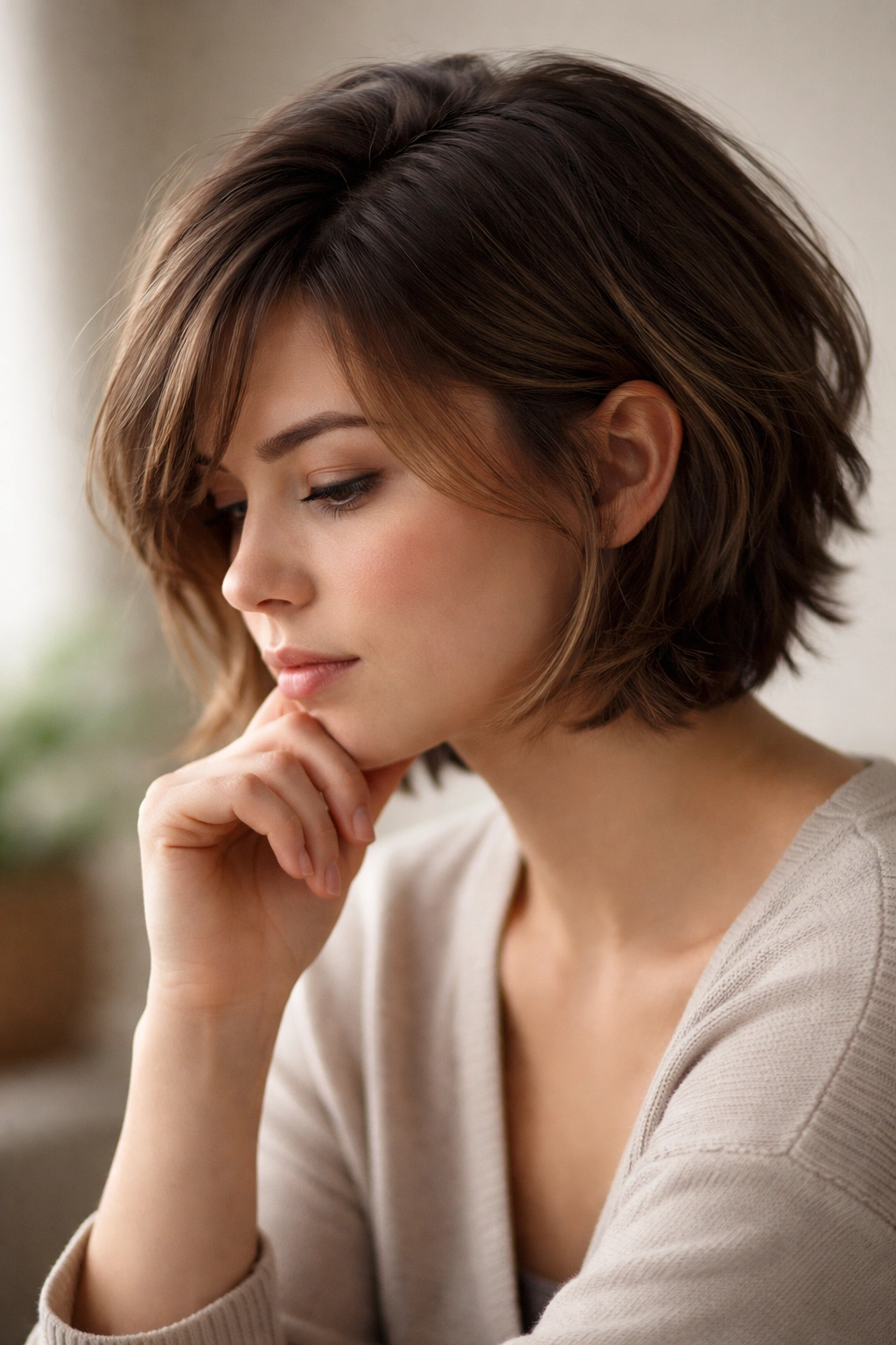 Abstract silhouette of a person with short-to-medium layered hair in a contemplative pose, representing final thoughts on hairstyles