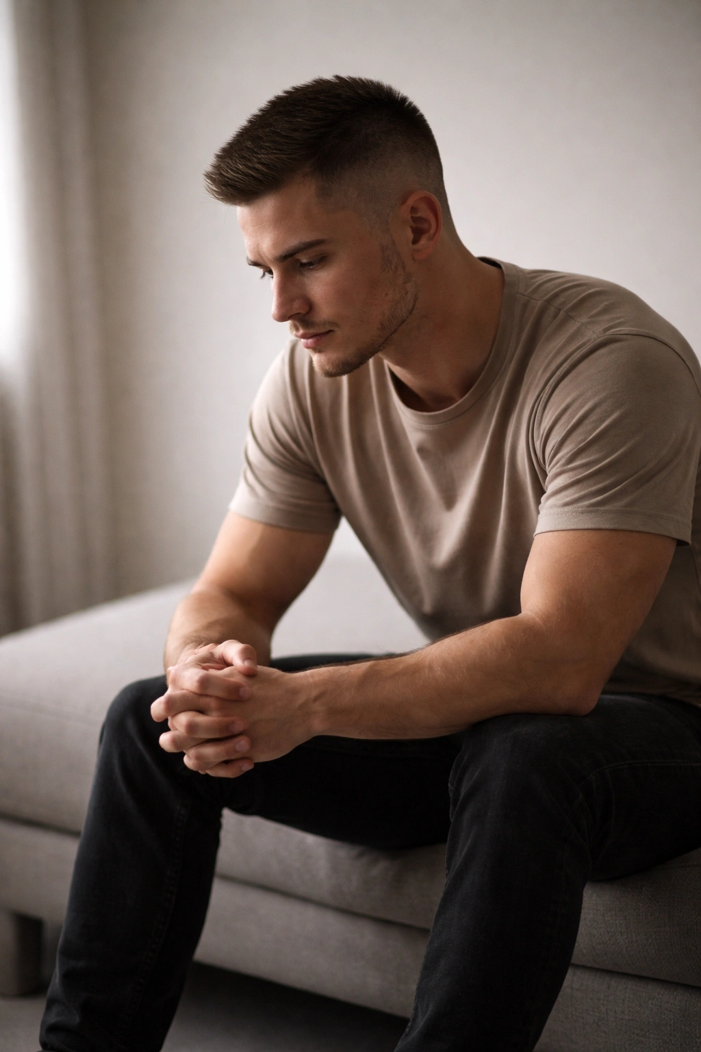 10 Crew Cut Styles For A Sharp And Clean Look 11 Thoughtful person contemplating hairstyle choices in a quiet studio.