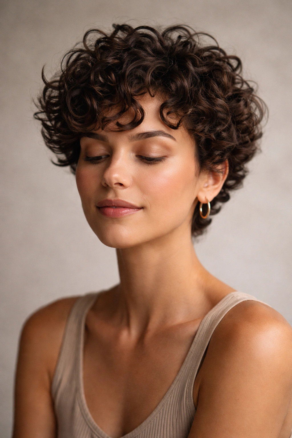 Serene headshot of a person with short curly hair, embodying confidence in natural texture.