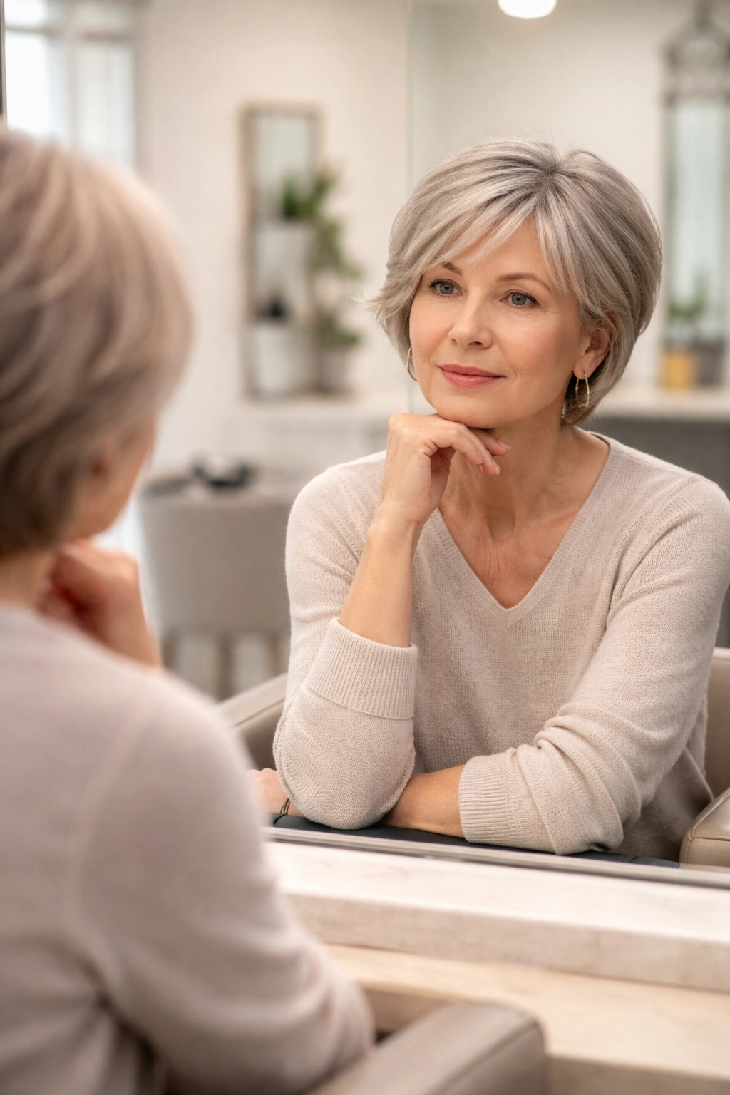 Mature woman in salon contemplating hairstyle options.