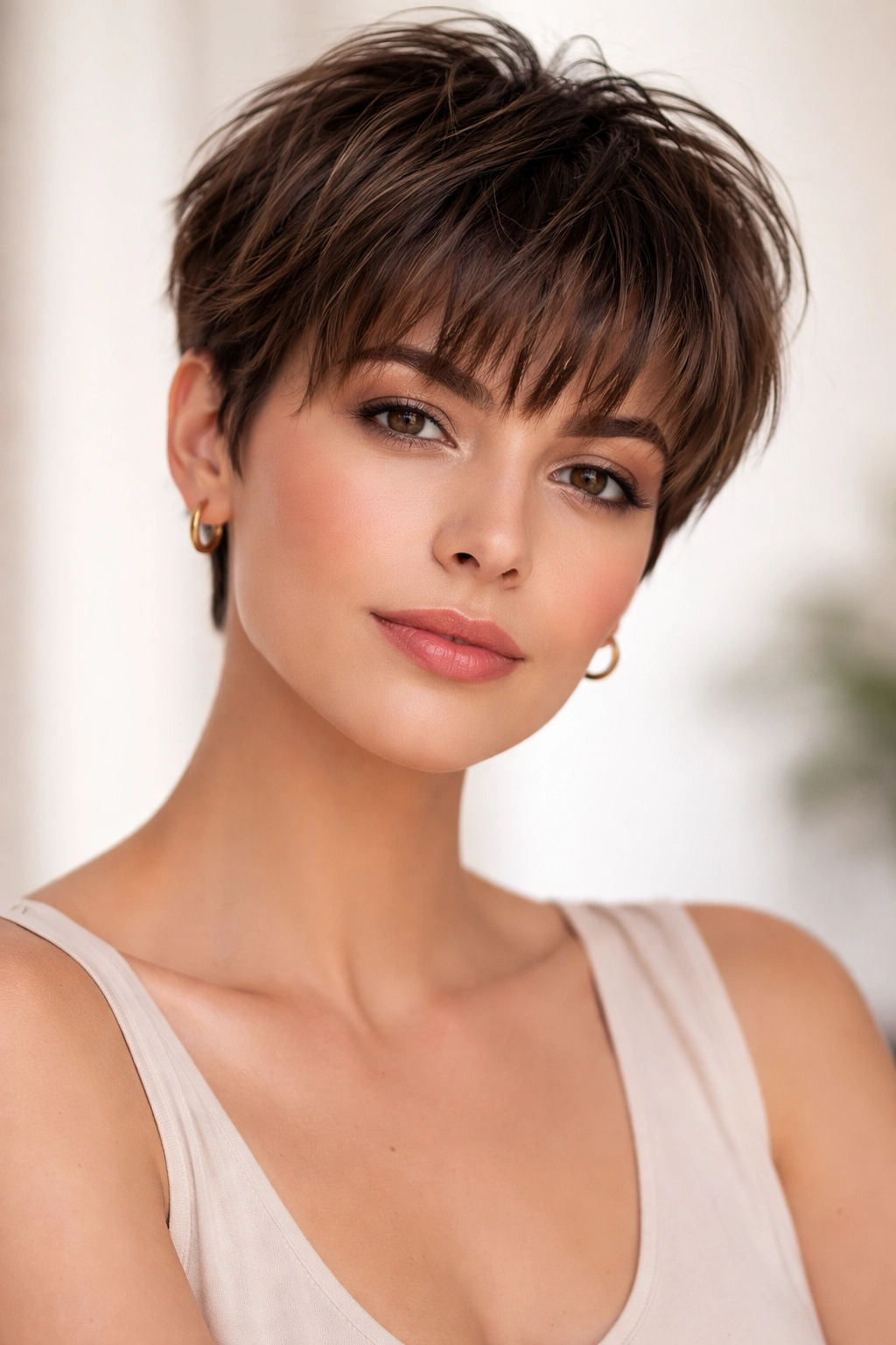 Editorial portrait highlighting a bold short haircut with bangs