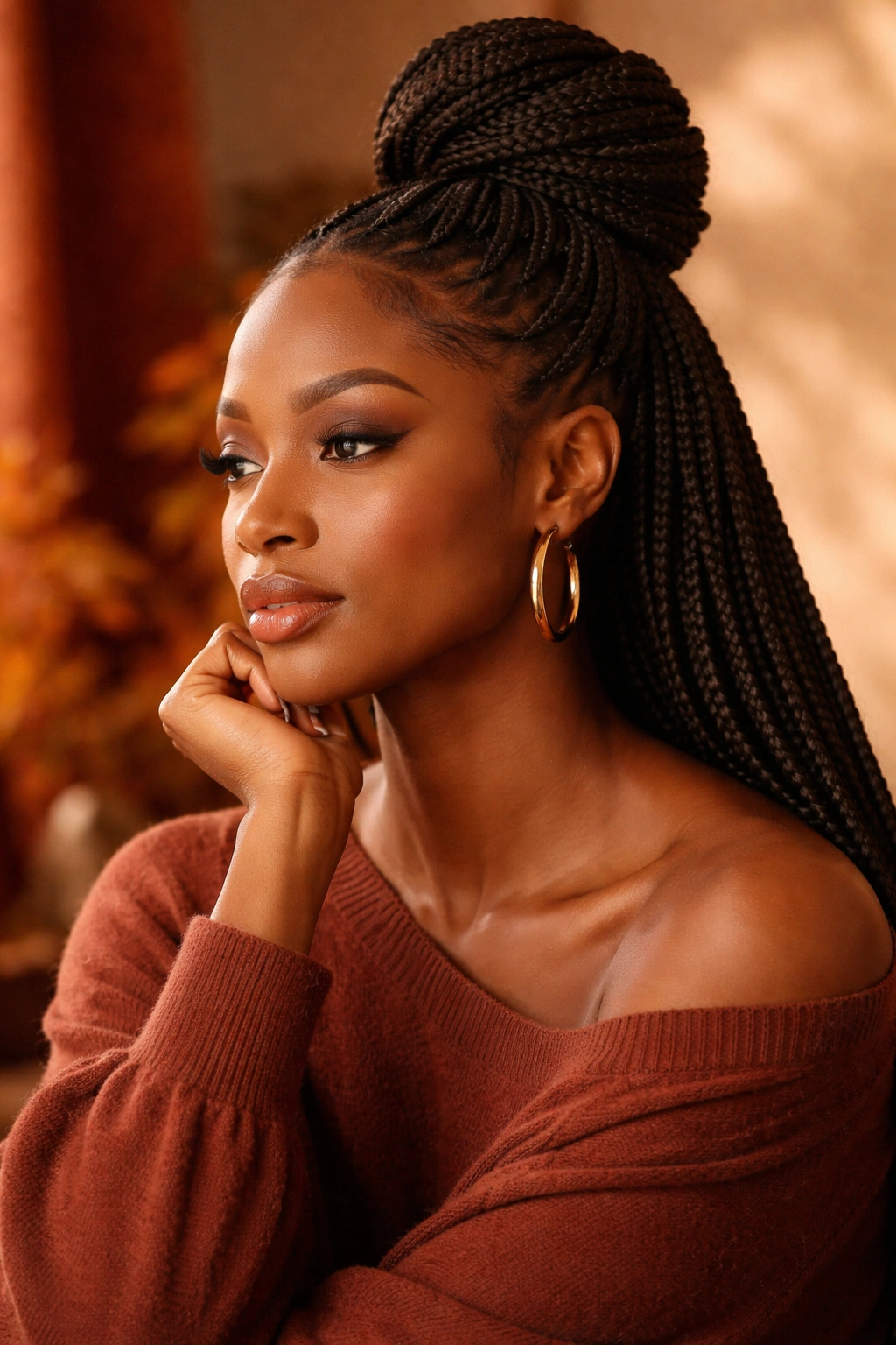 Portrait of a Black woman with a protective fall hairstyle in warm autumn studio lighting