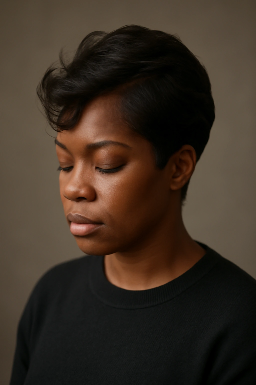 10 Short Flip Hairstyles for Black Women to Try 11 Contemplative portrait of a short flip hairstyle
