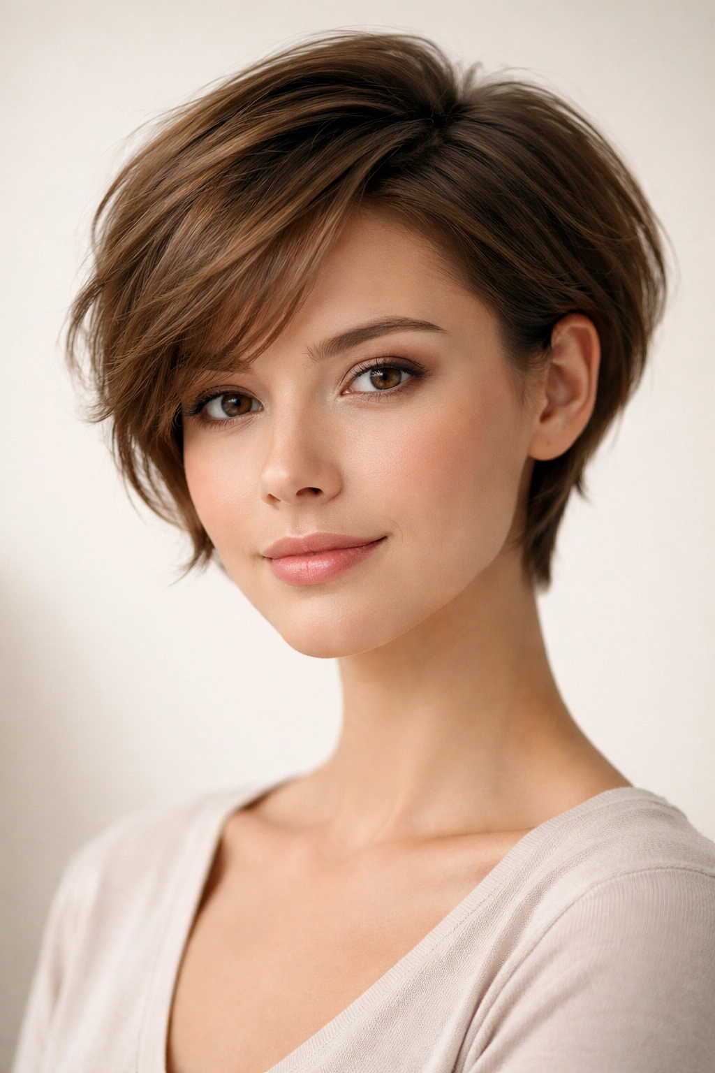 Contemplative portrait emphasizing a versatile short hairstyle for heart-shaped faces