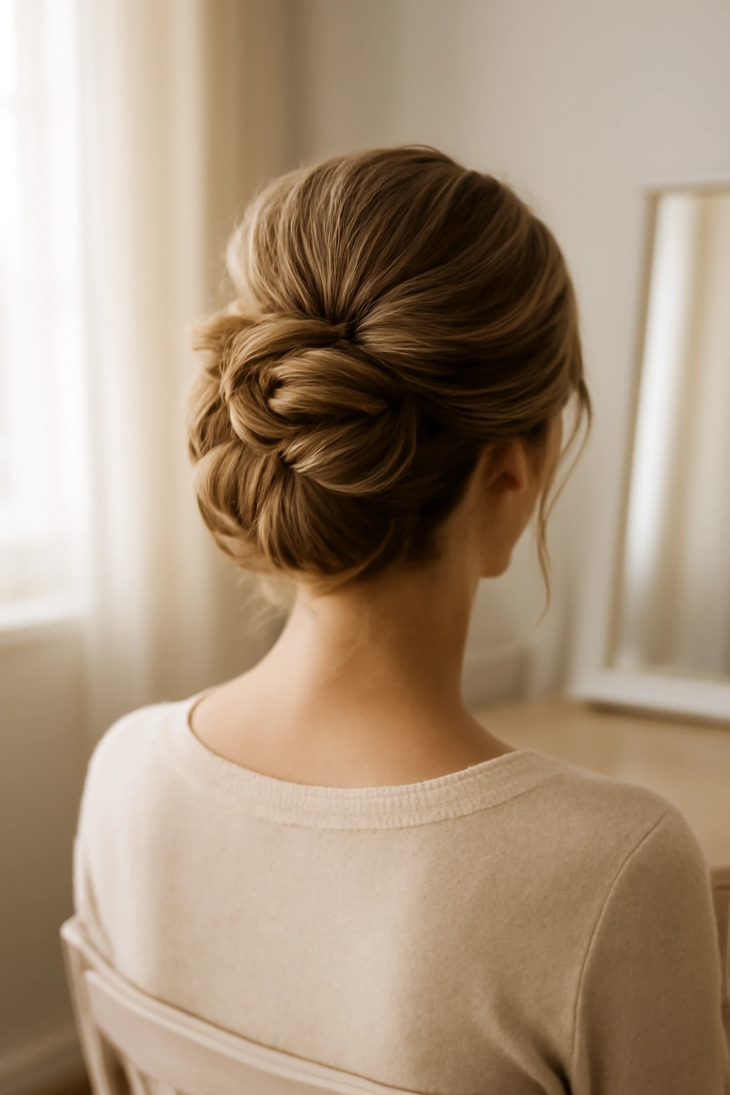 12 Wedding Guest Hairstyles You Can Do Yourself 13 Portrait of a person with an elegant wedding hairstyle in a bright home vanity setting