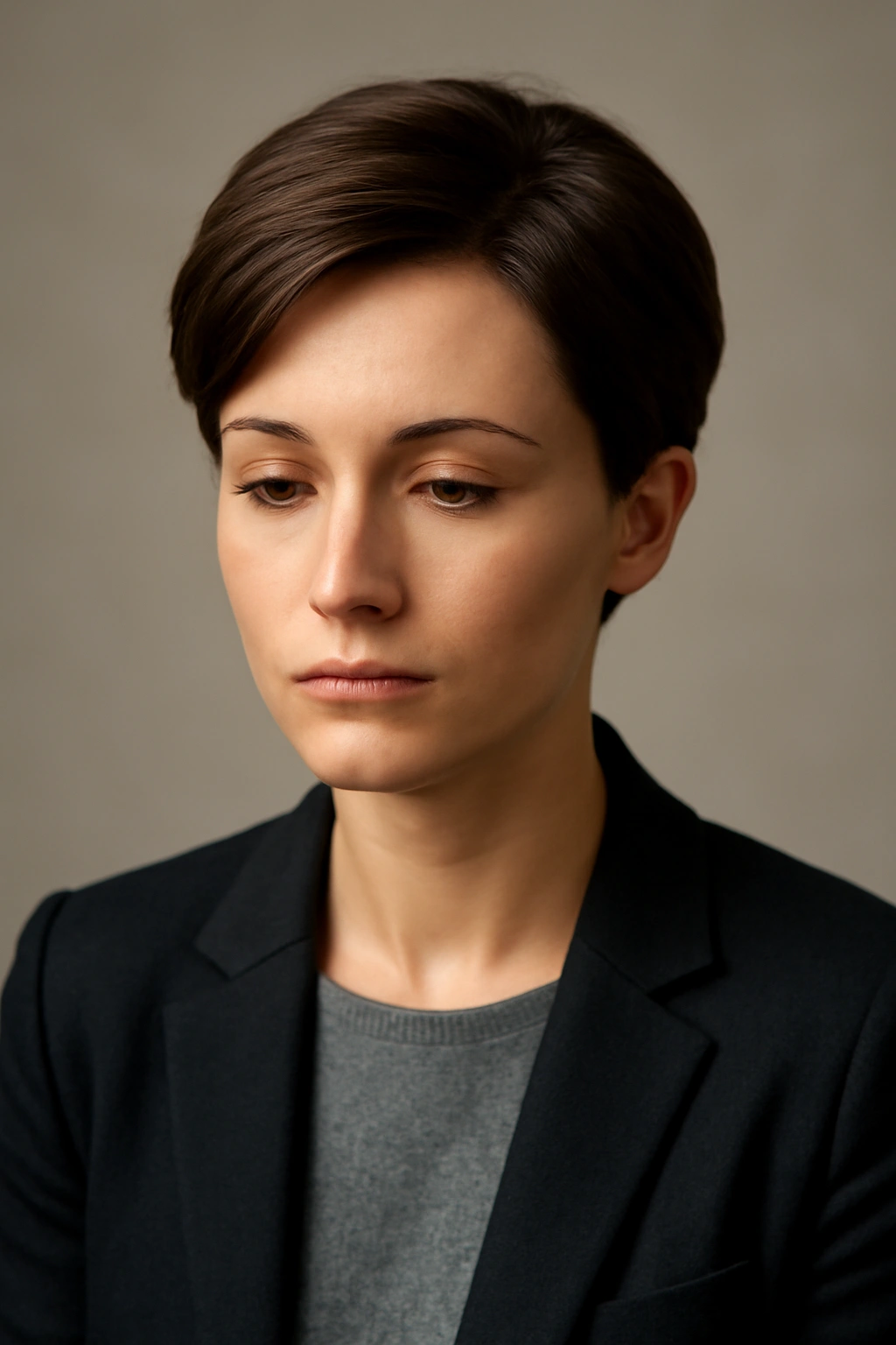 12 Polished Short Hairstyles for Women’s Job Interviews 13 Thoughtful portrait of a person with a polished short hairstyle in a neutral studio background
