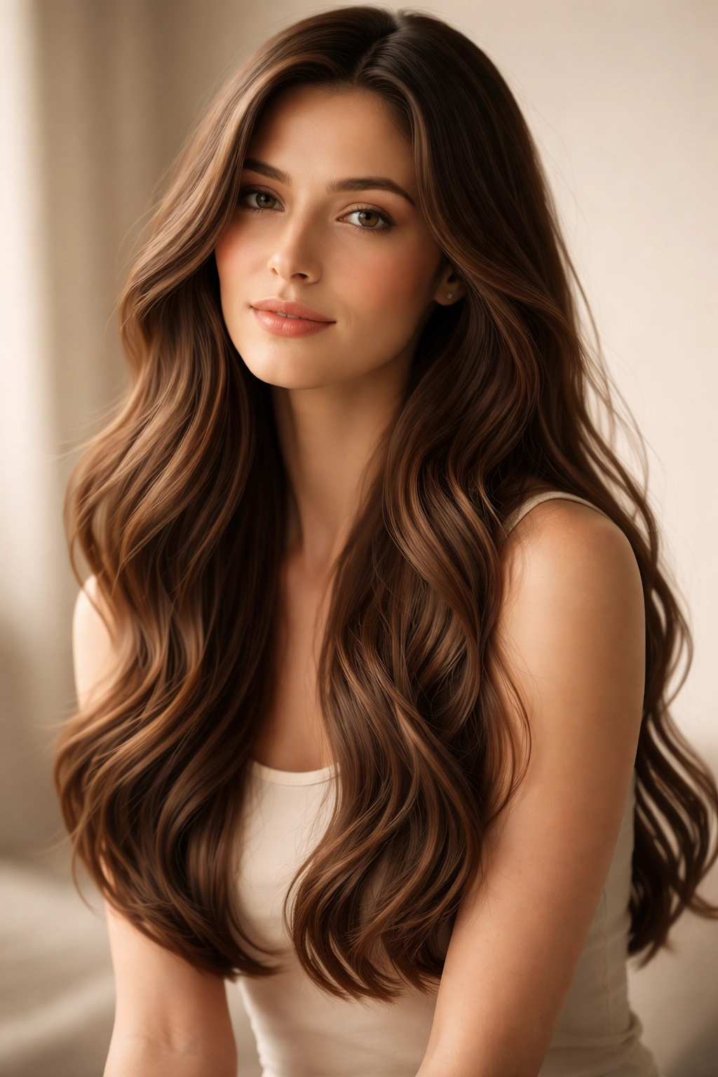 Minimalist portrait of a person with long hair in a soft studio setting
