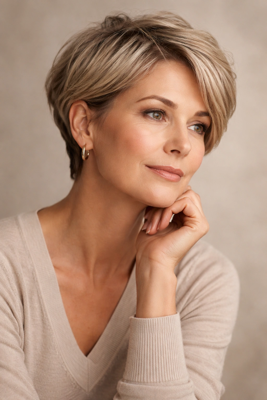 Portrait of a mature woman with a chic short haircut in a calm studio, reflecting on hairstyle choices.