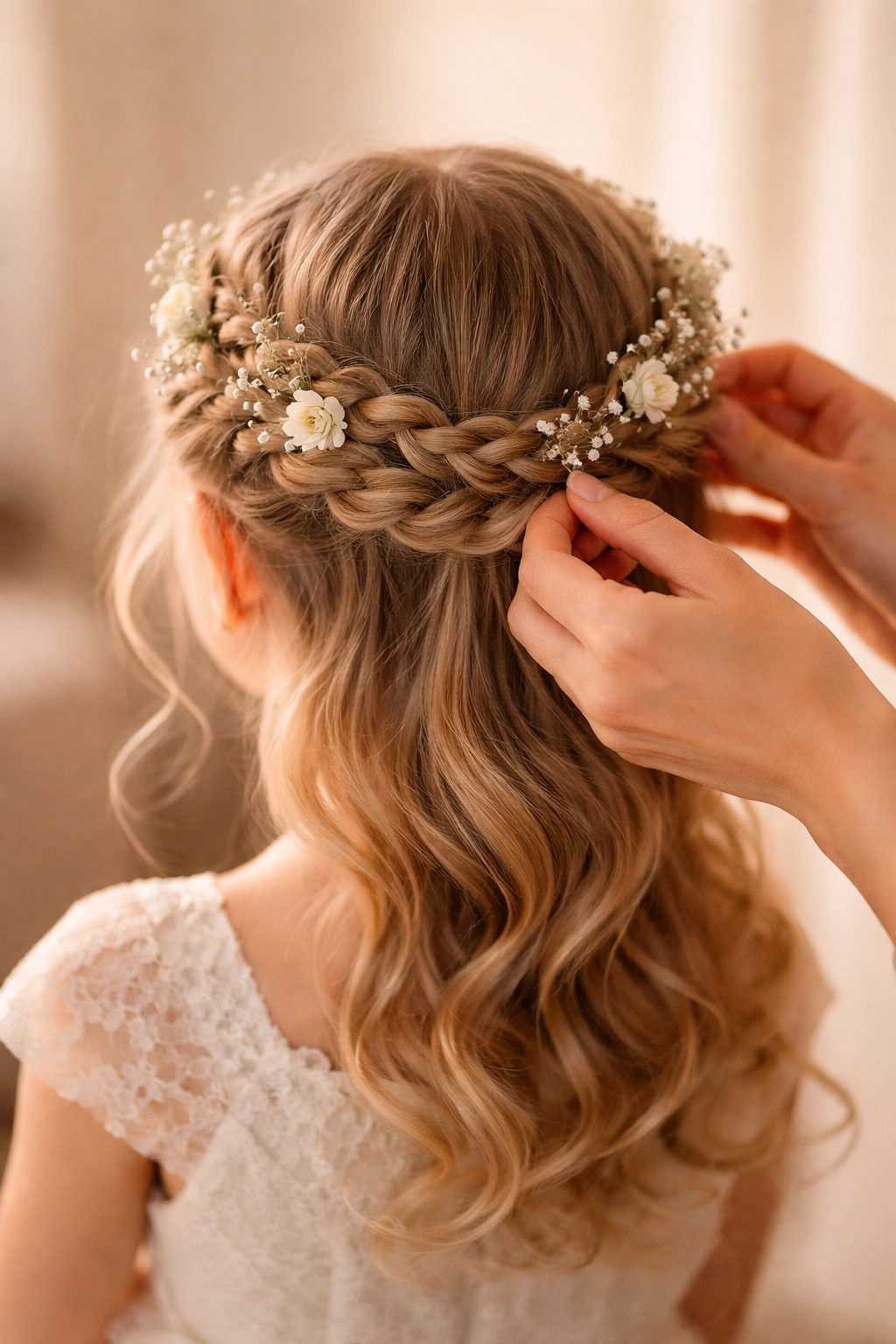 Intimate close-up of a braided crown being adjusted, reflecting final thoughts on hairstyle.