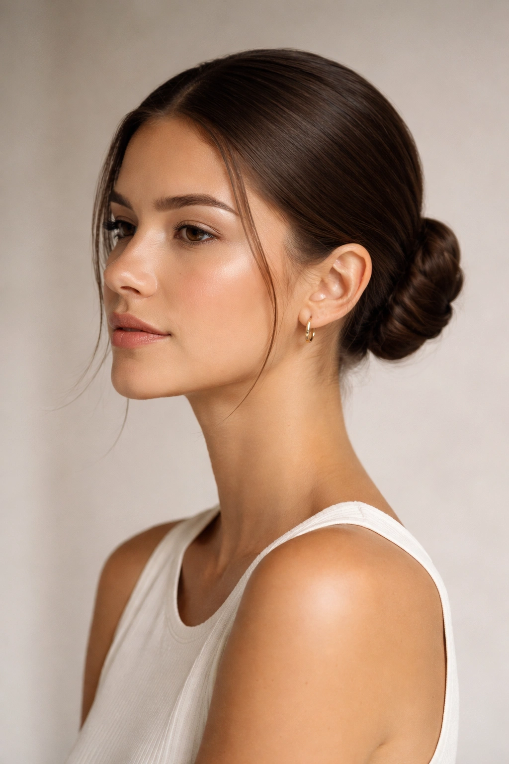 Portrait of a person with a sleek low bun in a neutral studio, conveying final thoughts