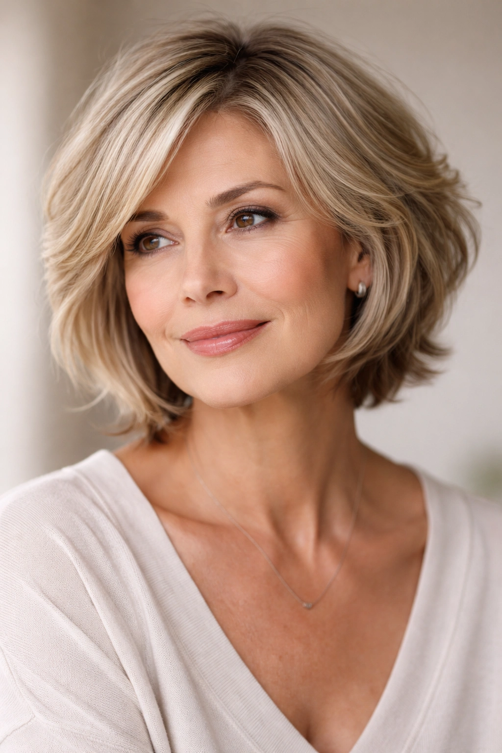 Contemplative portrait highlighting a modern hairstyle for mature hair