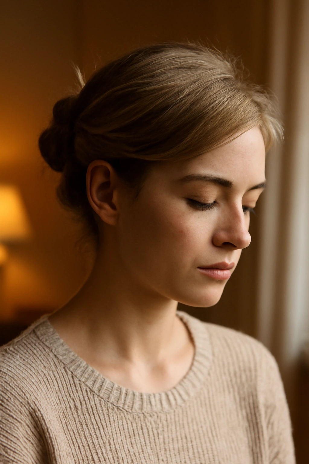 15 Easy Short Hair Updos That Work for Any Occasion 16 Intimate portrait of short hair with an effortless updo in a warm home setting