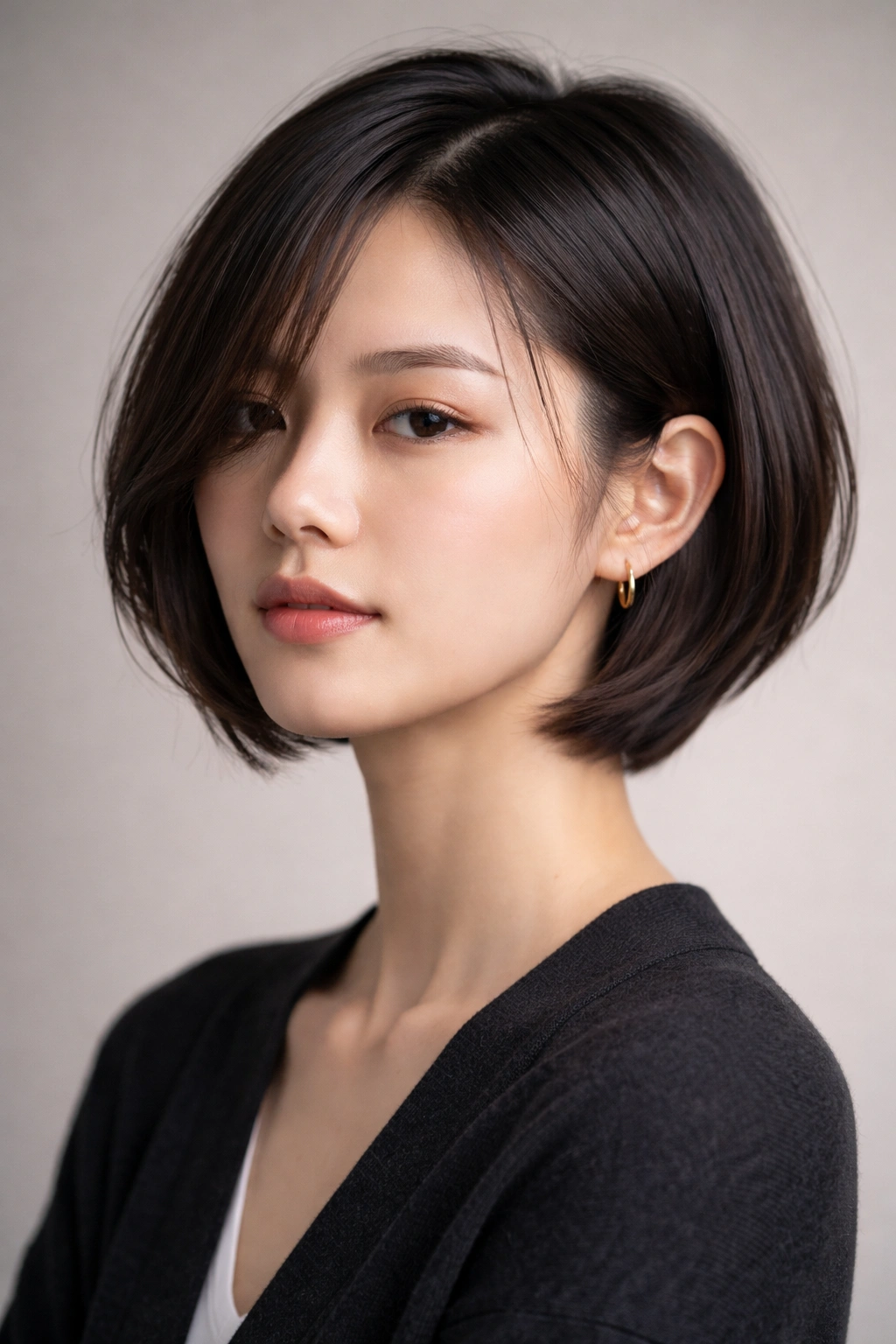 Close-up portrait of a person with a sleek Japanese-inspired hairstyle in a studio with neutral backdrop