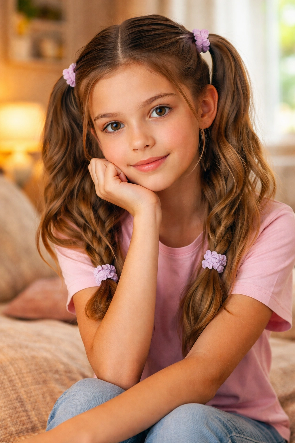 Thoughtful preteen girl with neatly styled hair in a cozy room
