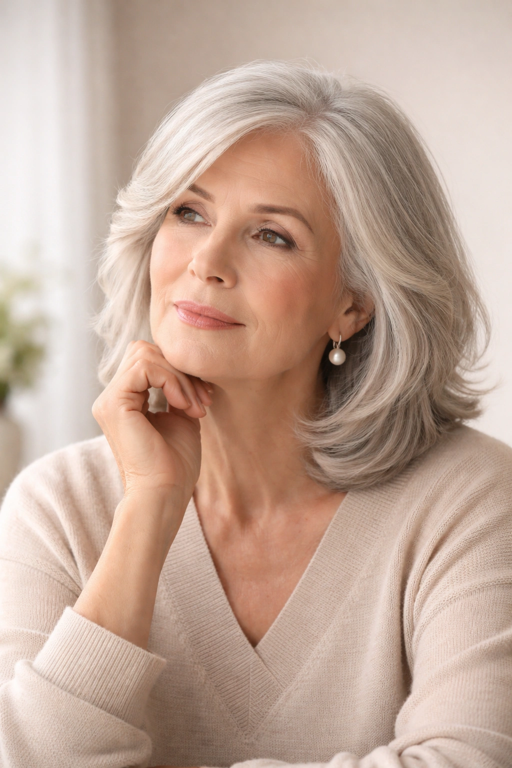 Serene portrait of an older woman contemplating hairstyle choices