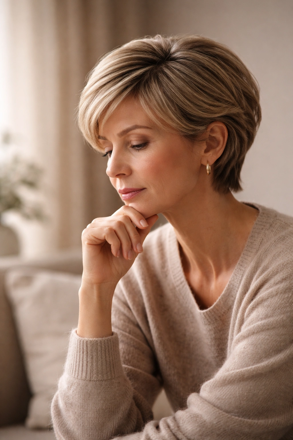 Abstract silhouette in a contemplative pose representing final thoughts on hairstyle options for round faces over 40.