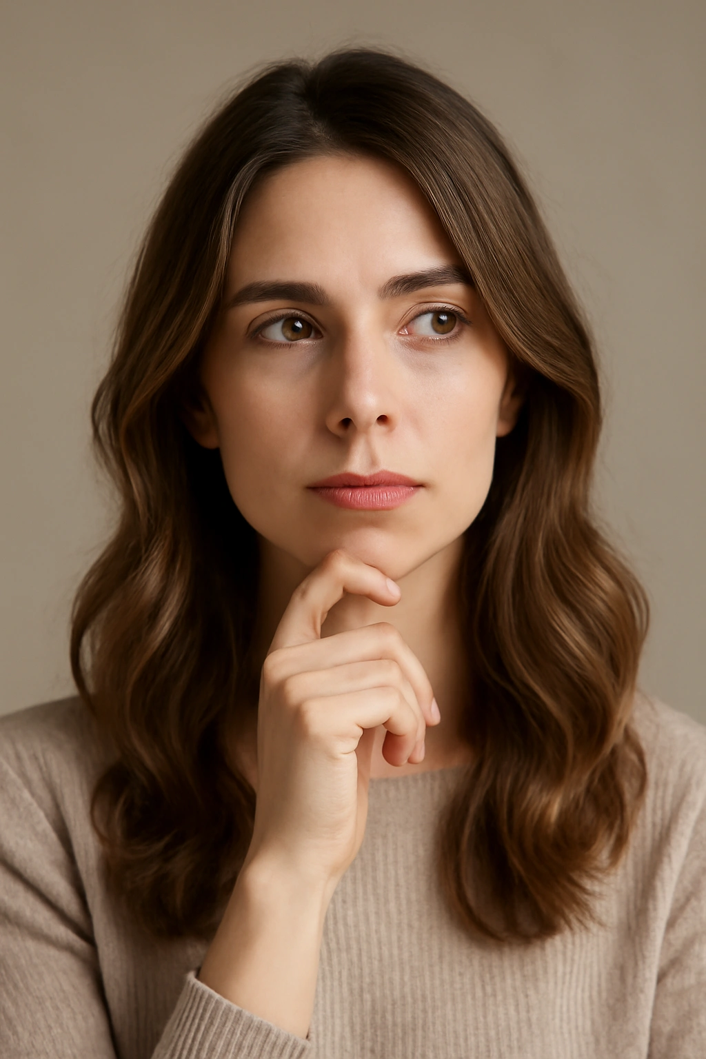 Thoughtful portrait focused on hairstyle versatility for long faces