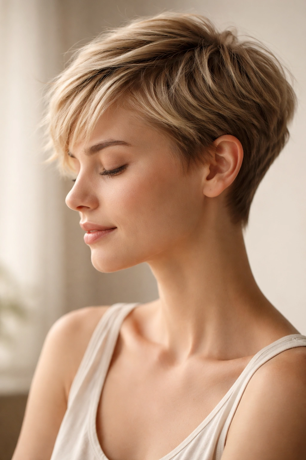 10 Short Hairstyles Built For Hot Summer Weather 11 Contemplative portrait of a person with a short summer hairstyle