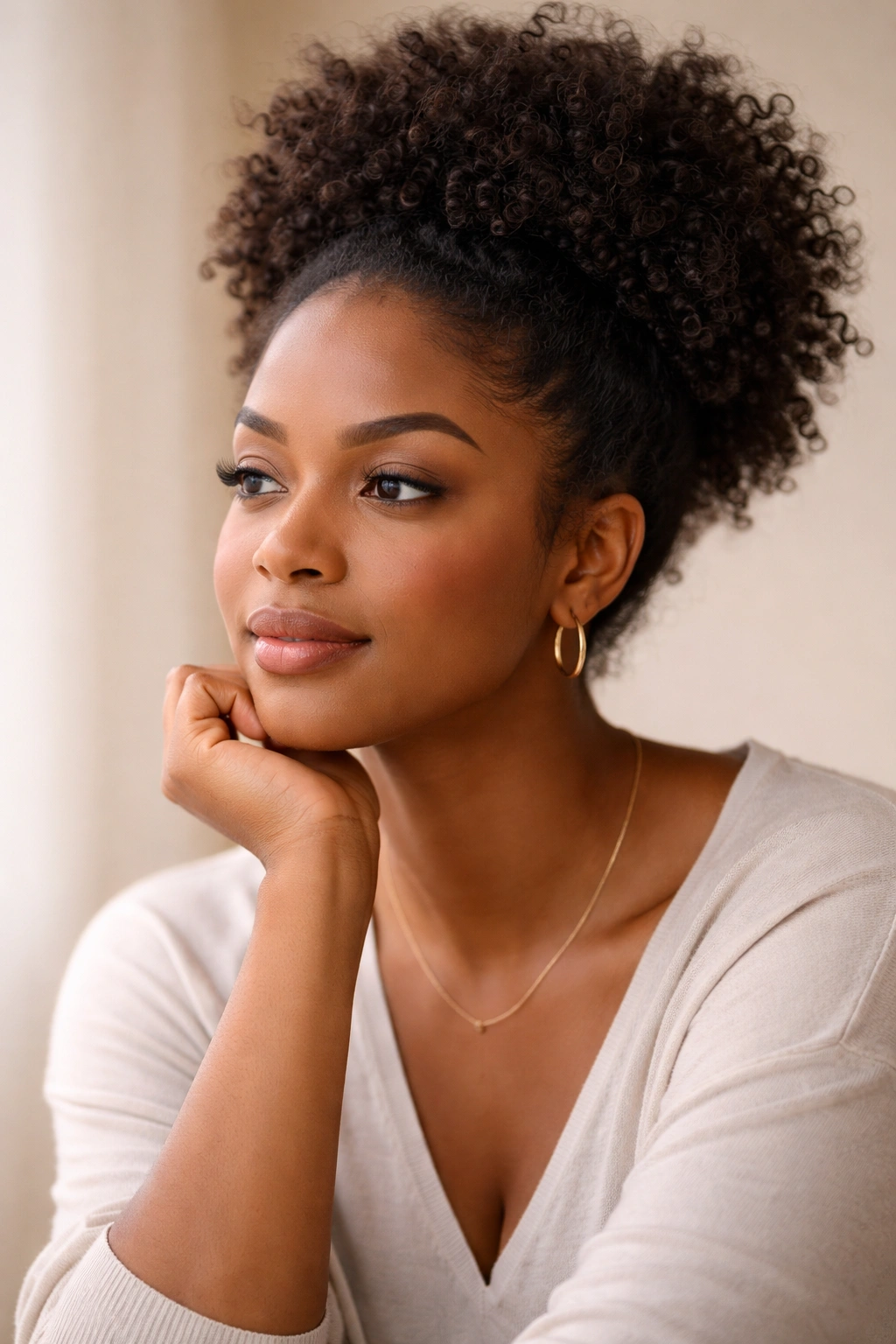 Contemplative Black woman with natural textured hair in a studio portrait emphasizing texture and round-face flattering styling