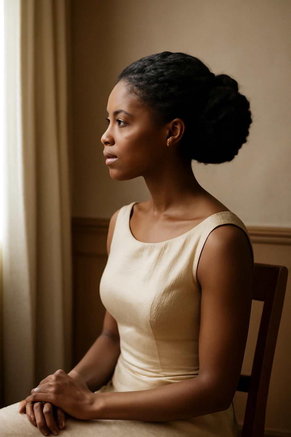 10 Stunning Wedding Guest Hairstyles for Black Women 11 Contemplative figure with elegant hairstyle in a quiet room