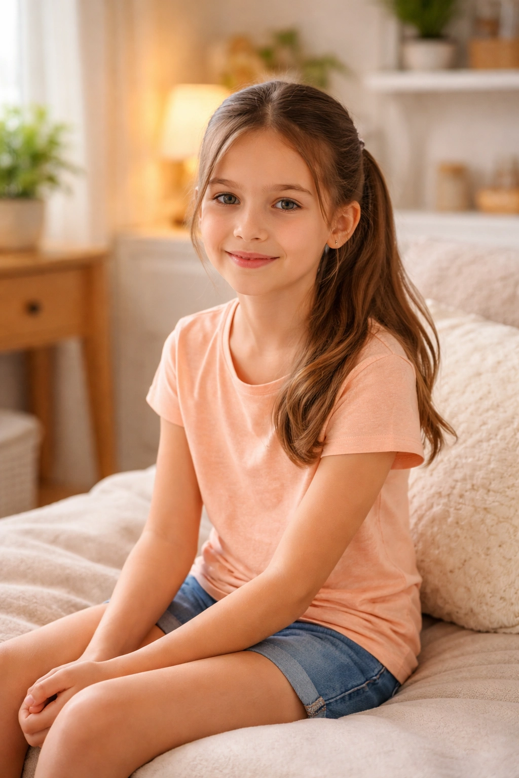 Child with a simple neat hairstyle in a cozy softly lit room