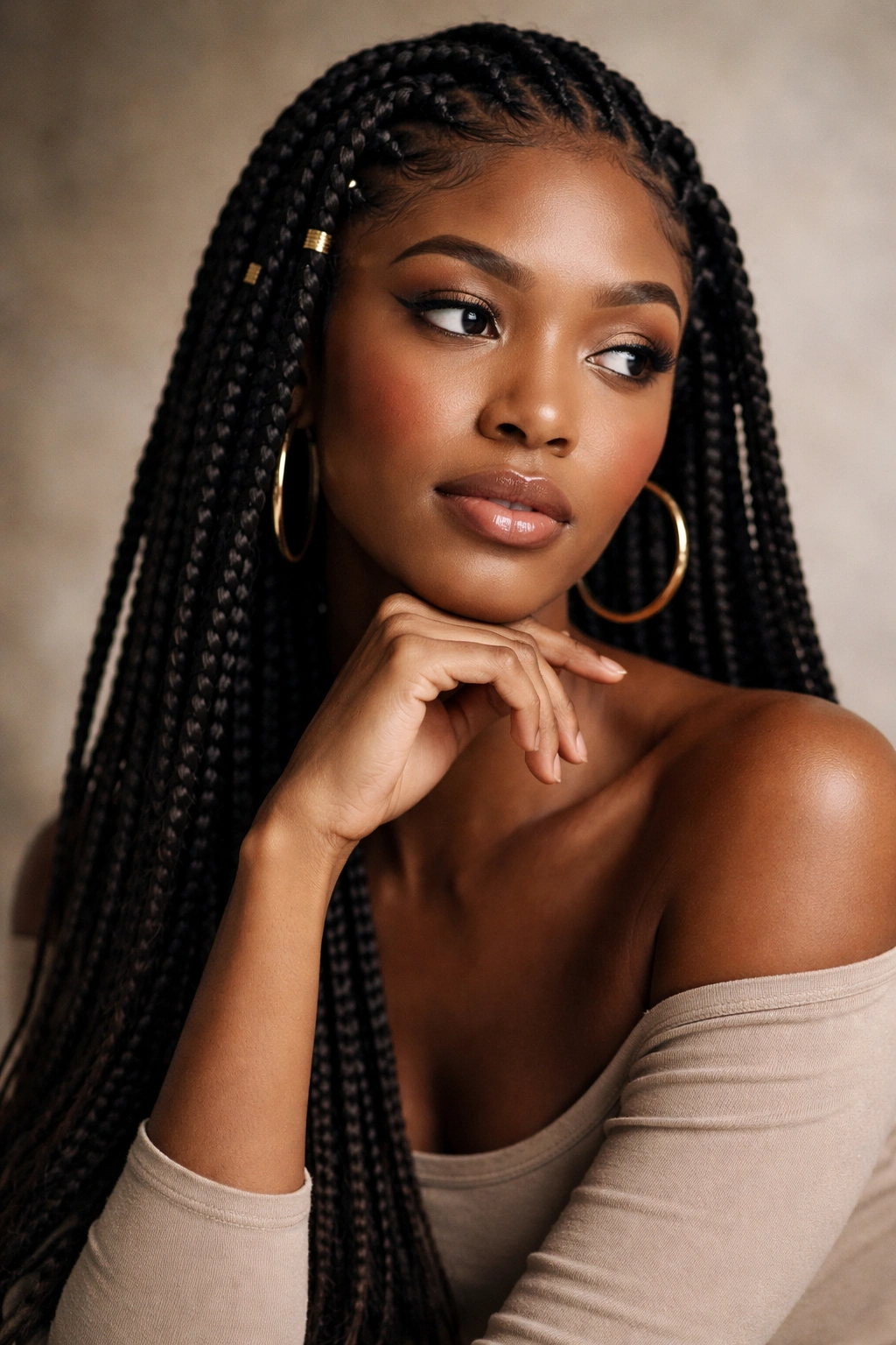 Portrait of a Black woman with a 90s-inspired box braid hairstyle in a studio.
