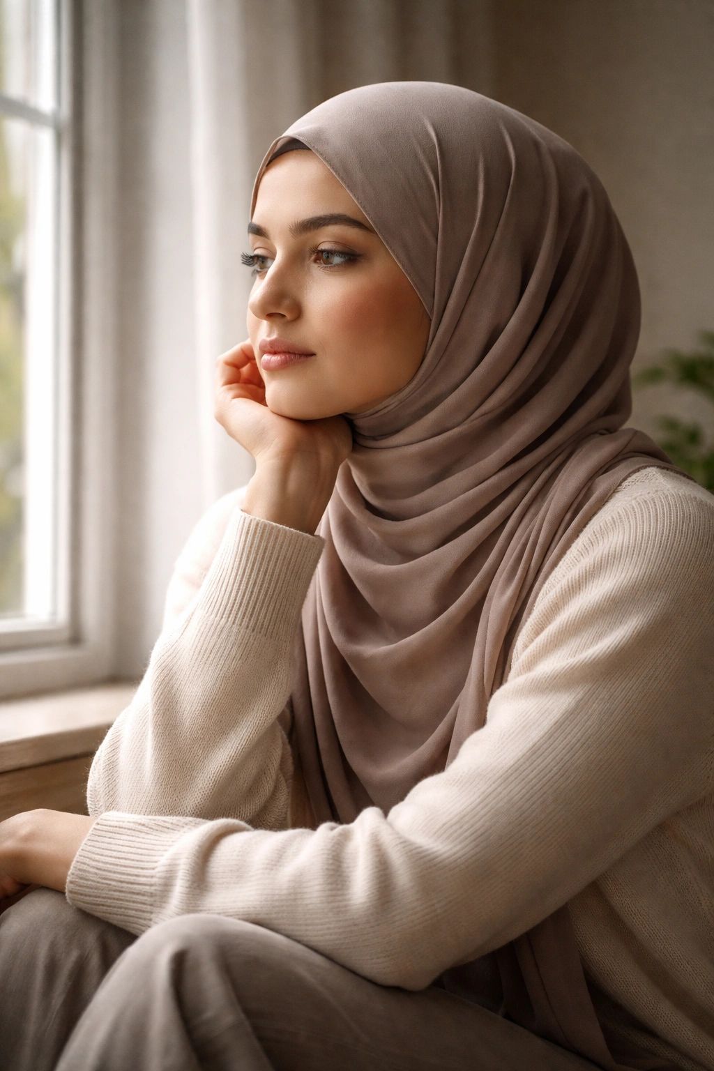 Contemplative hijab-wearing person in soft light