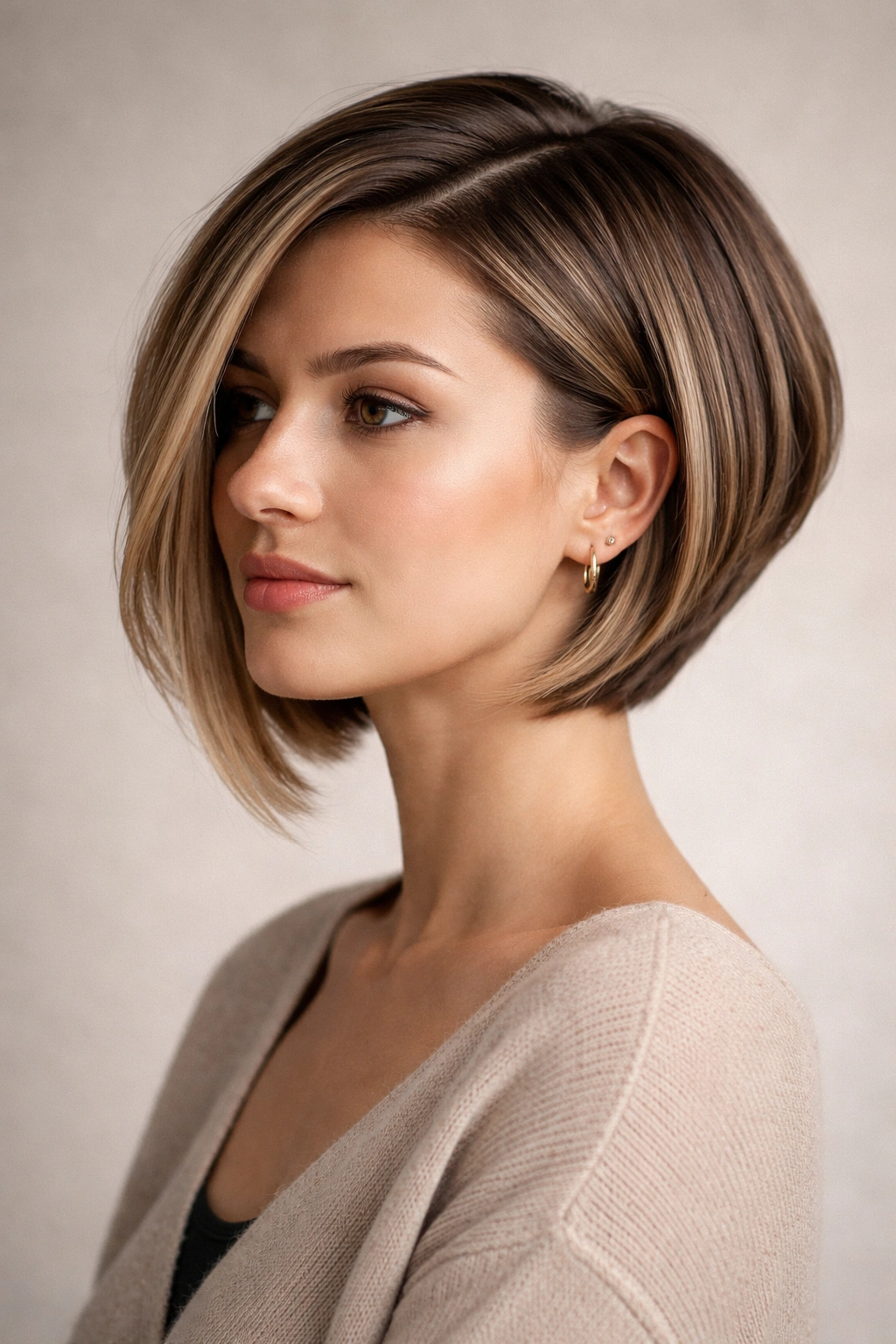 Portrait of a person with an inverted bob in a contemplative pose against a neutral studio backdrop