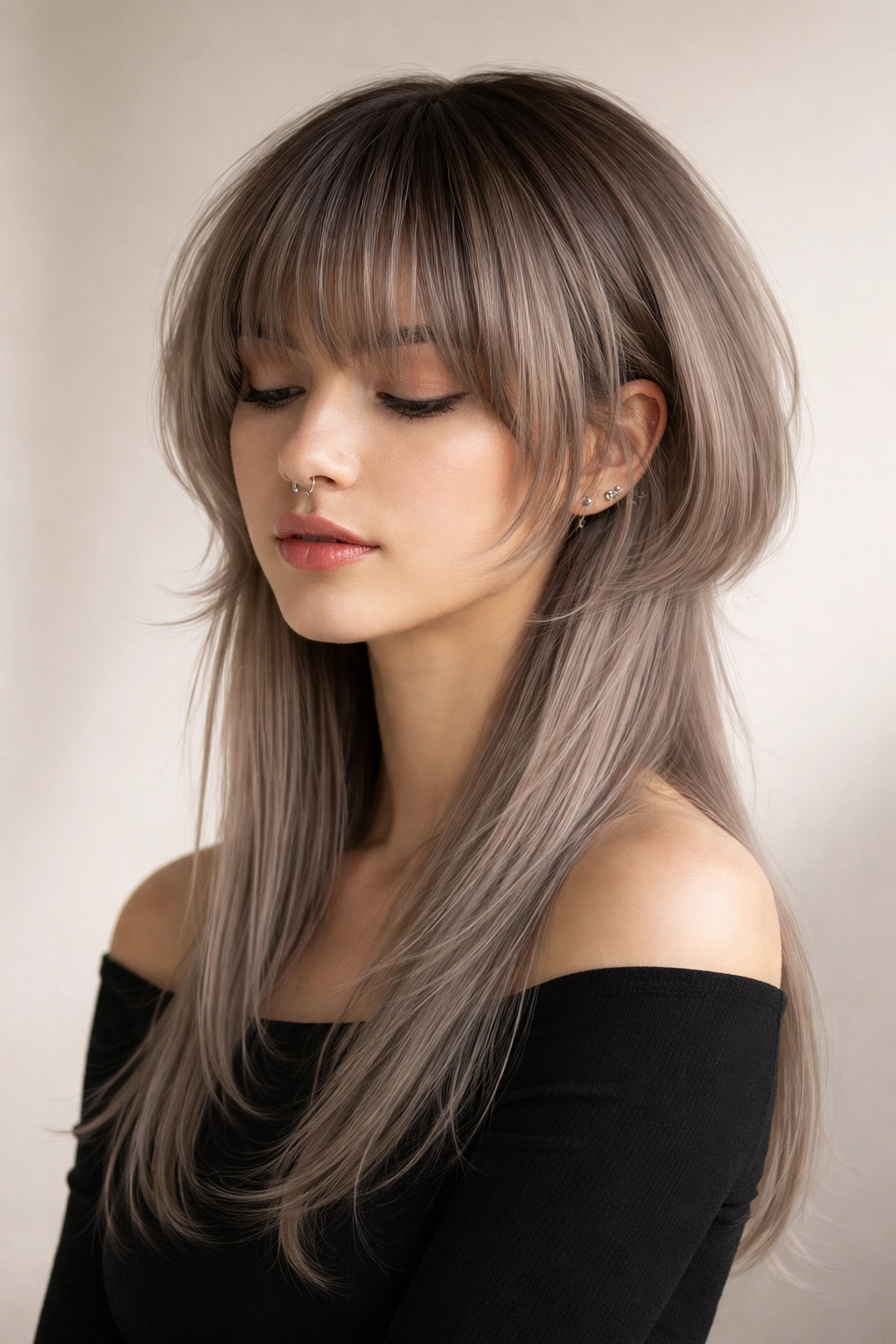 Portrait of a person with jellyfish-inspired haircut in a simple studio setting